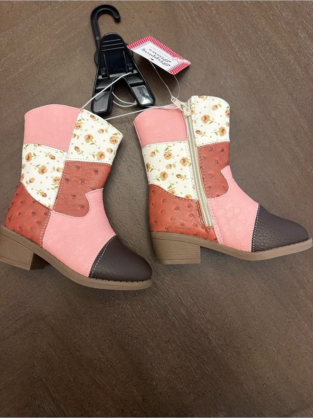 Girls Floral Patchwork Pink Brown Cowboy Boots with Side Zip size 8